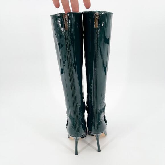 Retro Jimmy Choo Bottle Green Patent Leather Knee High Pointed Toe Boot IT 38.5 - Picture 5 of 10